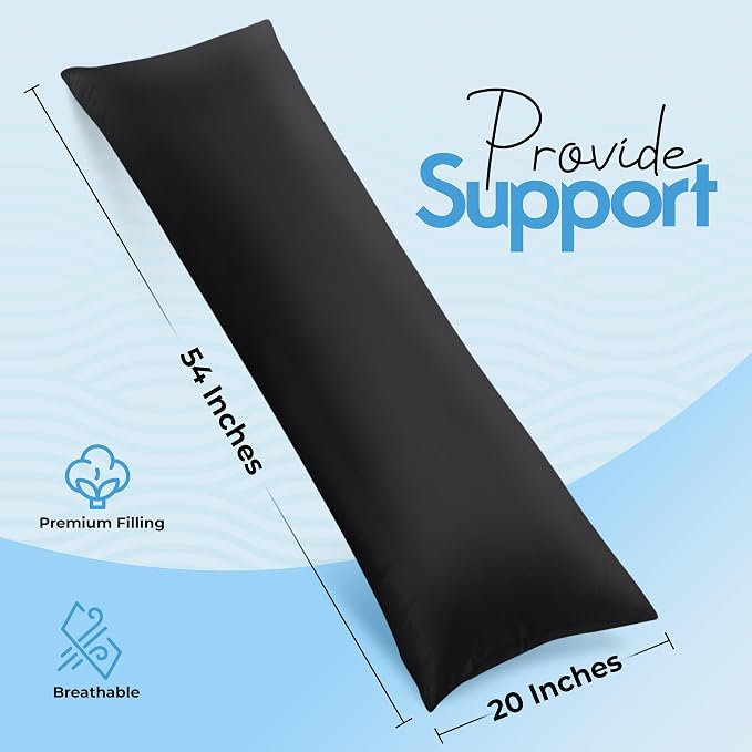 Utopia Bedding Full Body Pillow for Adults (Black, 20 x 54 Inch), Long Pillow Insert for Sleeping, Ideal for Side Sleepers | Large Body pillows for Adults, Plush Support, Pregnancy Pillow Insert for sleeping, helps maintain body contour, 20x54 inches
