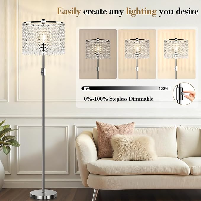 【Upgraded】 Dimmable Crystal Floor Lamps for Living Room, 1000LM LED Bulb Included, Standing Lamp with Knob Switch, Tall Silver Modern Floor Lamp for Bedroom Nursery Office Reading