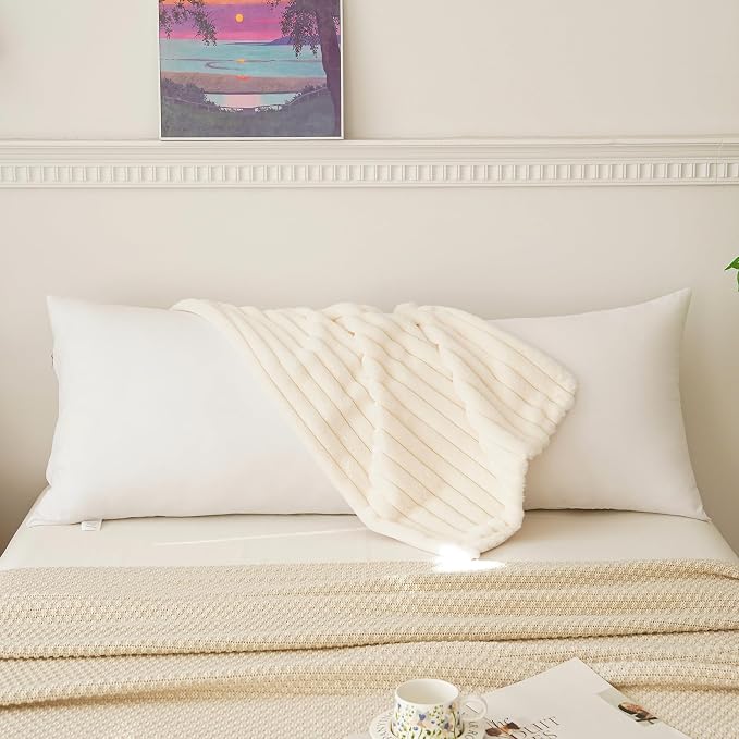 Full Body Pillow with Fluffy Stripe Faux Fur Removable Cover, Long Bed Pillow Adult 20x54 Inches for Side Sleeper and Pregnancy, Beige.