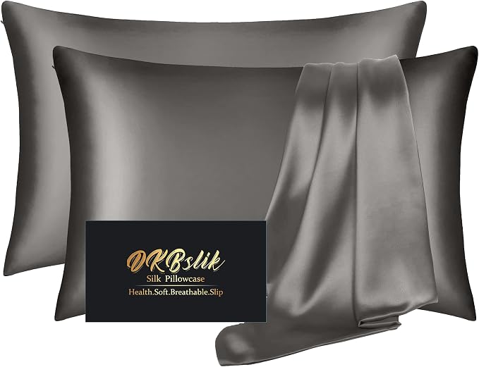 Silk Pillowcase 2 Pack, Natural Mulberry Silk Pillow Case, Anti Acne Silk Pillowcase for Hair and Skin, King Size Silk Satin Pillowcase Set of 2 with Hidden Zipper, Gifts for Women Men, Dark Gray