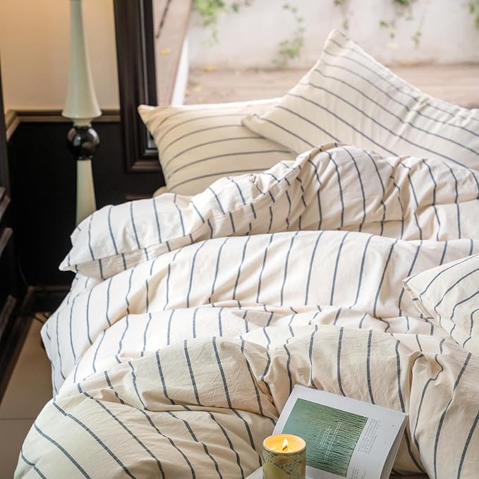 Striped Comforter Set Queen Size Grey Stripes Pattern Printed Comforter 3 Pieces Lightweight Boho Bedding Comforter Set for All Seasons Breathable Soft Fluffy Beige Comforter with 2 Pillowcases