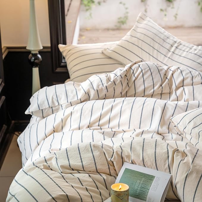 LifeTB Striped Comforter Set Full Size Grey Stripes Pattern Printed Comforter 3 Pieces Lightweight Boho Bedding Comforter Set for All Seasons Breathable Soft Fluffy Beige Comforter with 2 Pillowcases