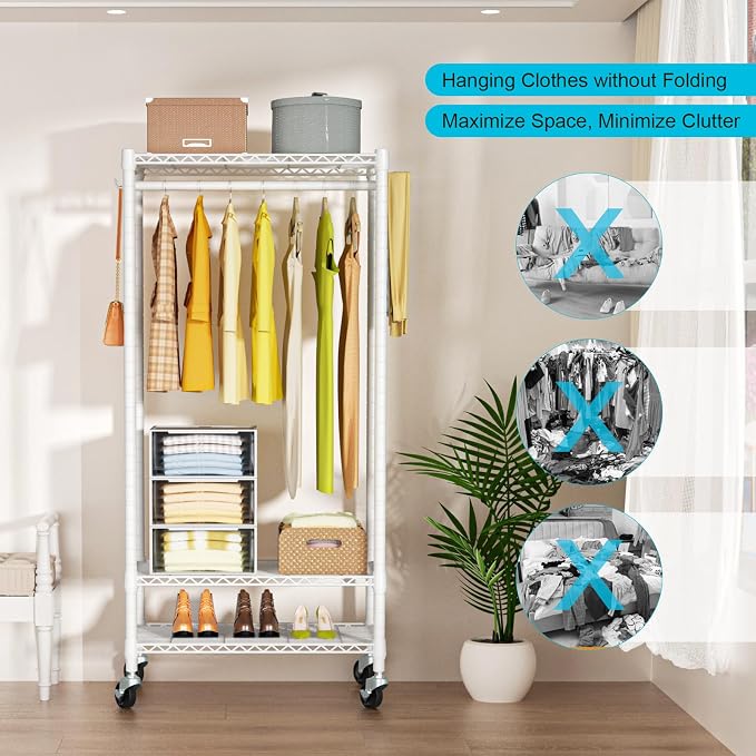 FUTASSI Rolling Clothes Rack, Clothing Racks for Hanging Clothes, White | P3 Mini Heavy Duty Garment Rack with Wheels, Freestanding Portable Closet Racks 23.6'' W x 14'' D x 78.5'' H, Max Load 430Lbs