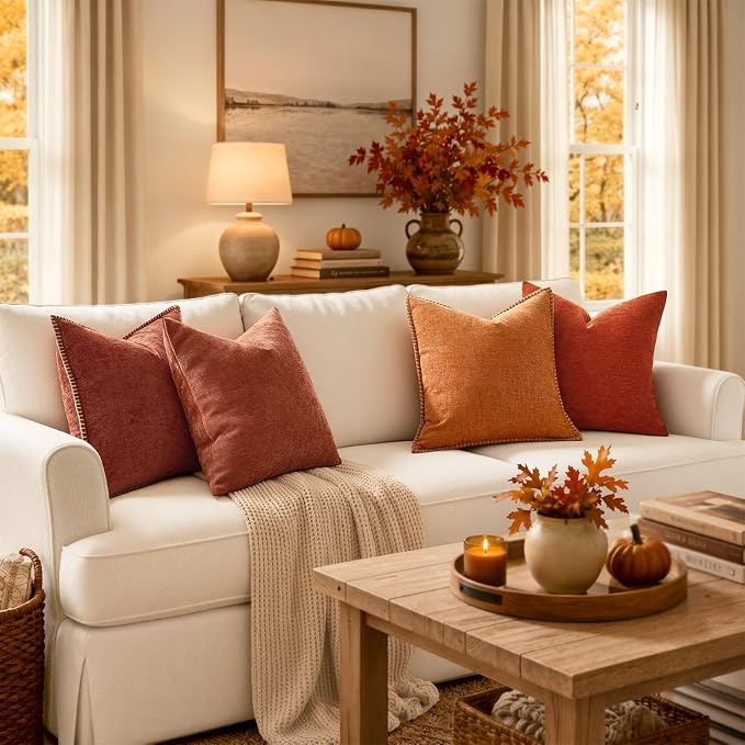 MIULEE Fall Decorative Couch Throw Pillow Covers 20x20 Inch Burnt Orange | 2 Pack, Terracotta Farmhouse Pillow Covers with Stitched Edge, Soft Chenille Cushion Cases, Sofa Bed Living Room Home Decor