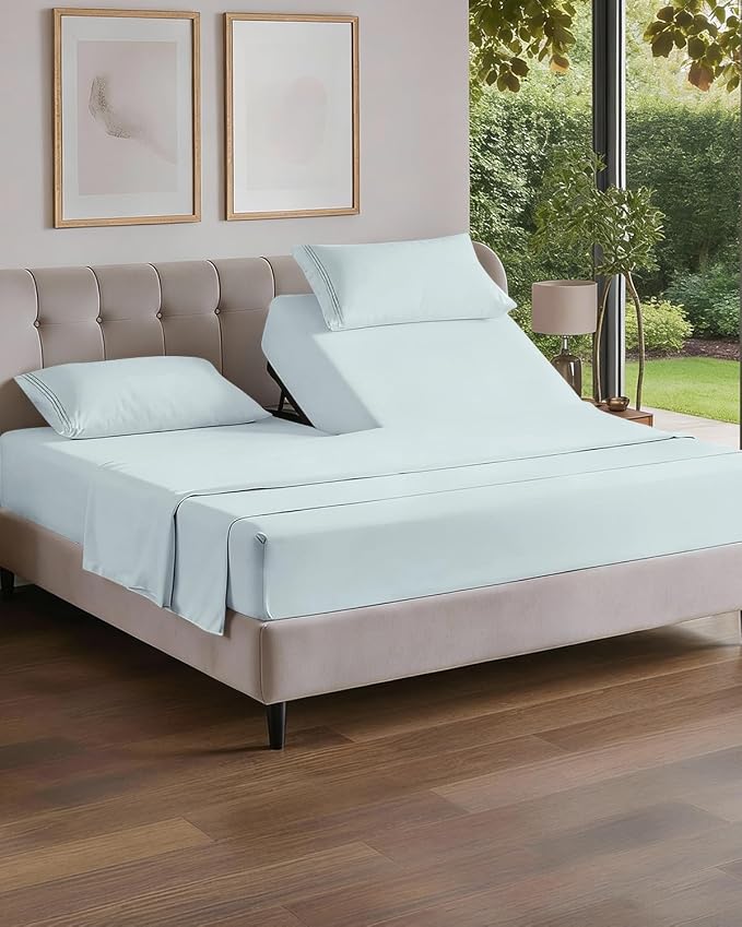 Flex Top Split Head King 4 Piece Sheet Set - Soft & Breathable - Ice Blue | Cooling Bed Sheets Set, Hotel Luxury Bedding for Women & Men with Deep Pockets, Wrinkle Free & Fade Resistant, Oeko-Tex