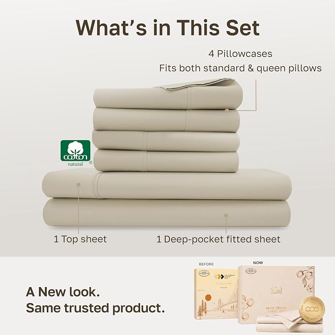 California Design Den Soft 100% Cotton Queen Fitted Sheet Set, 6 Pcs, Beige | 6 Pcs with 4 Pillowcases, 400 Thread Count Backed by Good Housekeeping Seal, 16" Deep Pocket, All-Around Elastic, Durable
