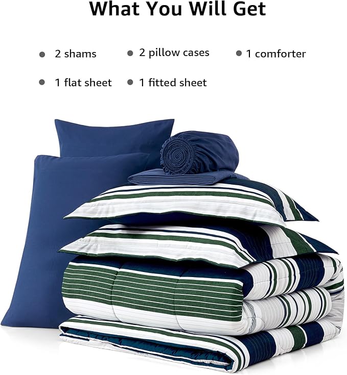Monbix Queen Comforter Set-7 Pieces Striped Bed in a Bag Queen Bedding Sets | All Season Indigo Blue Reversible Soft Comforter Bed Set with Sheets, Pillowcases & Shams
