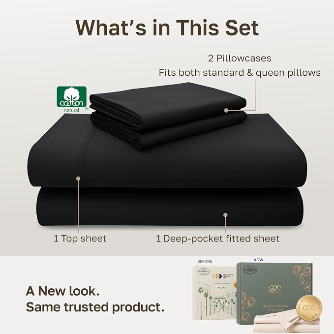 California Design Den 600 Thread Count Deep Pocket Queen Sheets Set, Black | 100% Cotton Sateen Backed by Good Housekeeping Seal, Soft & Smooth, 16" Deep Pocket, All-Around Elastic, Durable, Easy Care