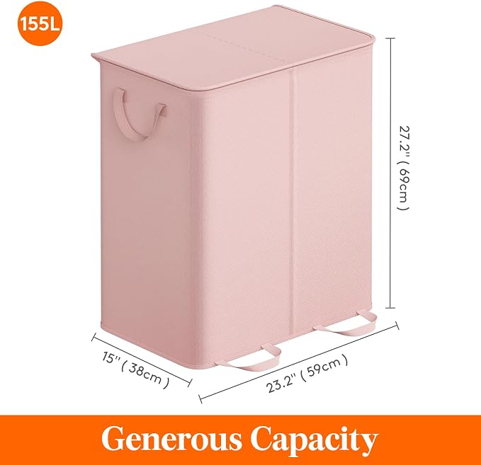 Lifewit Double Laundry Hamper with Lid and Removable Laundry Bags, Large Collapsible 2 Dividers Dirty Clothes Basket with Handles for Bedroom Laundry Room Closet Bathroom College, 155L Pink
