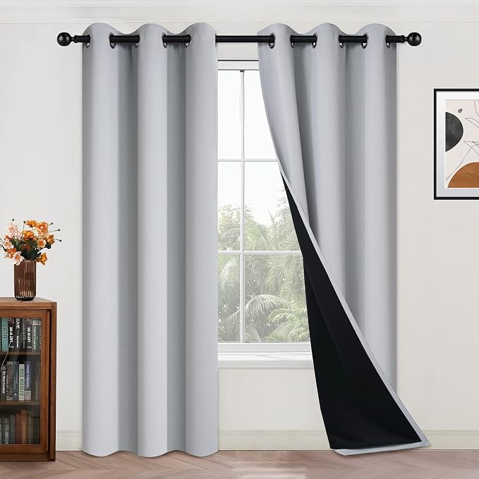 Yakamok Light Grey 100% Blackout Curtains 84 Inches Long 42" Wide 2 Panel | Blackout Curtain Panels for Bedroom, 2 Thick Layers Grommet Top Thermal Insulated Drapes with Black Liner for Living Room