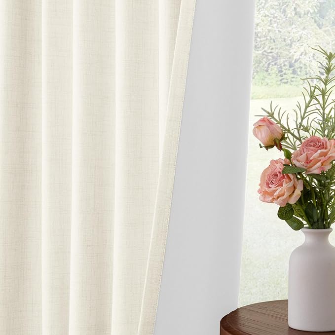 INOVADAY 4 Panels Set Beige White Blackout Curtains 84 Inches Living Room | Linen Textured, Light Blocking, Room Darkening, Thermal Insulated, Back Tab Top, Window Curtains for Living Room, W42xL84