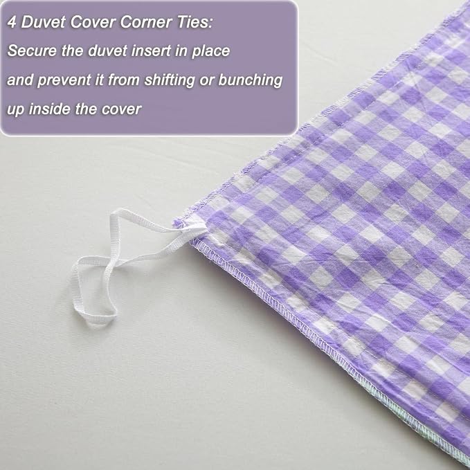 Silnuo Purple/White Gingham Ruffle 3-Piece Duvet Cover Set Queen Size | 100% Washed Cotton Shabby Checkered Plaid Bedding Set Farmhouse Comforter Set(Queen,Purple/White)