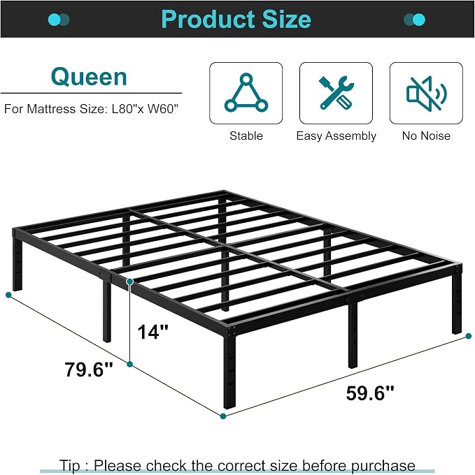 Maenizi 14 Inch Queen Bed Frame Heavy Duty Metal Support Up to 3000 lbs | Bed Frame Queen Size No Box Spring Needed, Under Bed Storage, Easy Assembly, Noise Free, Black