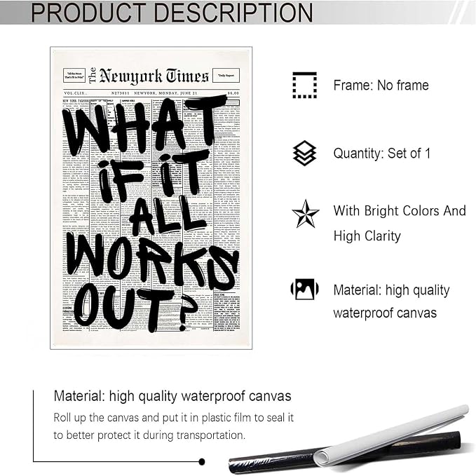 Drimiler Retro Black And White Newspaper Poster What If It All Works Out Canvas Wall Art Positive Affirming Quote Minimalist Prints Painting For Home Bedroom Dorm Wall Decor 12x18in Unframed
