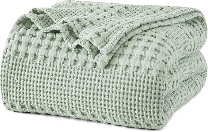 PHF Lightweight 100% Cotton Waffle Blanket for Bed, Queen, Mint Green | Pre-Washed Soft Cotton Comfort, Breathable Layering Warmth for Fall & Winter, Bed, Sofa, Couch, Home Decor & Gifts