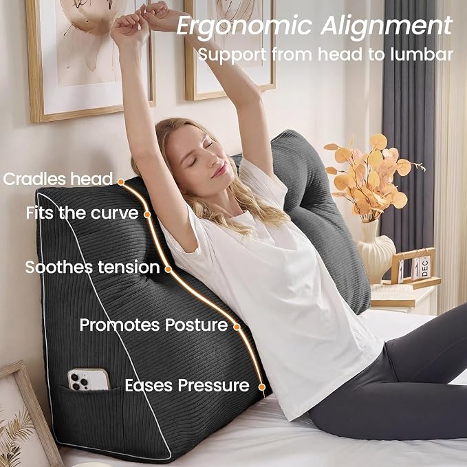 Sasttie Headboard Pillow King, Wedge Pillow Headboard, Dark Grey | Triangle Backrest Cushion for Sitting or Reading in Bed, Dorm Essentials, OEKO-TEX, Down Alternative Fill, Side Pockets