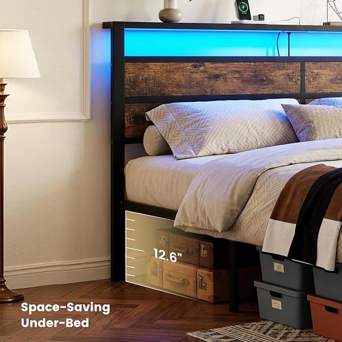 Queen Size Bed Frame with LED Lights and USB Type C Charging Headboard | Brown Metal Platform Bed, Charging Station, Storage Shelf, Noise Free, No Box Spring Needed