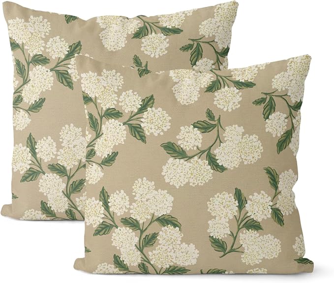 Beige Spring Pillow Covers 22x22 Inch 2 Pcs Khaki Green Hydrangea Flower Decor Throw Pillows Vintage Floral Seasonal Summer Outdoor Decoration Pillowcase Linen Cushion Cover for Couch Sofa