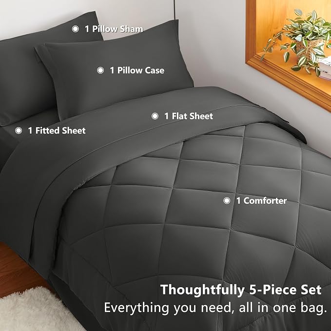 Twin Comforter Set with Sheets Dark Grey - 5 Pieces Bed in a Bag | OEKO-TEX Certified, All Season, Teen, Single, Dorm, 240GSM Down-Alternative Comforter, Sheets, Pillowcase & Sham, Easy Care