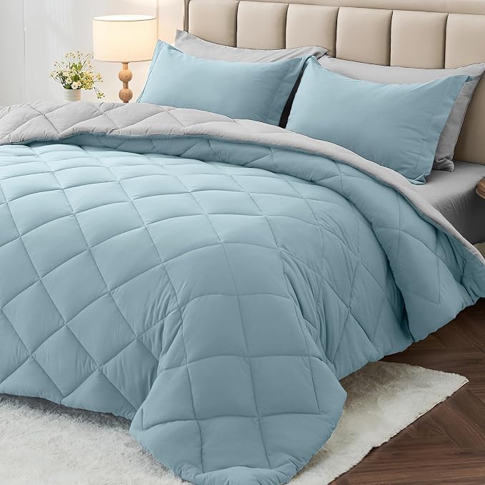 7 Pieces King Comforter Set, Reversible Bed in a Bag King Size, All Season Bedding Set with Comforter, Flat Sheet, Fitted Sheet, Pillowcases & Shams, Greyish Blue & Light Grey