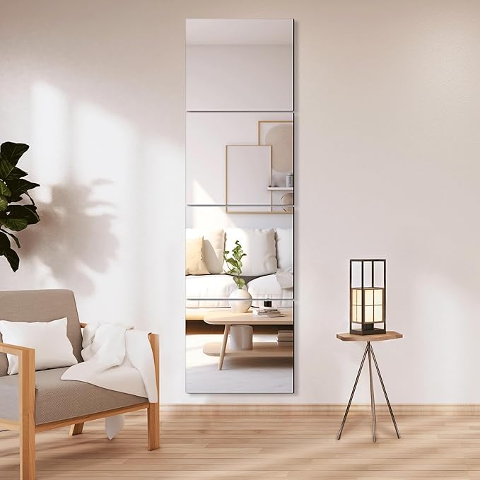 Glass Full Length Wall Mirror Tiles, 14'' x 12'' 4PCS | Frameless, Body Tiles for Bedroom, Mounted Home Gym, Door