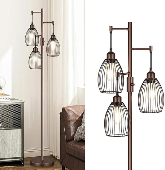 Torondo Dimmable Farmhouse Industrial Floor Lamp, Matte Brown Tree Standing Tall Lamps with 3 Elegant Teardrop Cage Head & 800 Lumens LED Edison Bulbs for Living Room Bedroom Office Dining Room