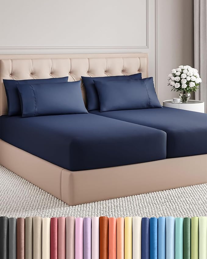 Split King 7 Piece Bed Sheet Set - Comfy, Breathable & Cooling - Navy Blue | Ultra-Soft Hotel Luxury Bedding Set w/ 8-16 Inch Deep Pockets, 1 Flat & 2 Fitted Sheet & 4 Pillowcases, Wrinkle & Fade Free