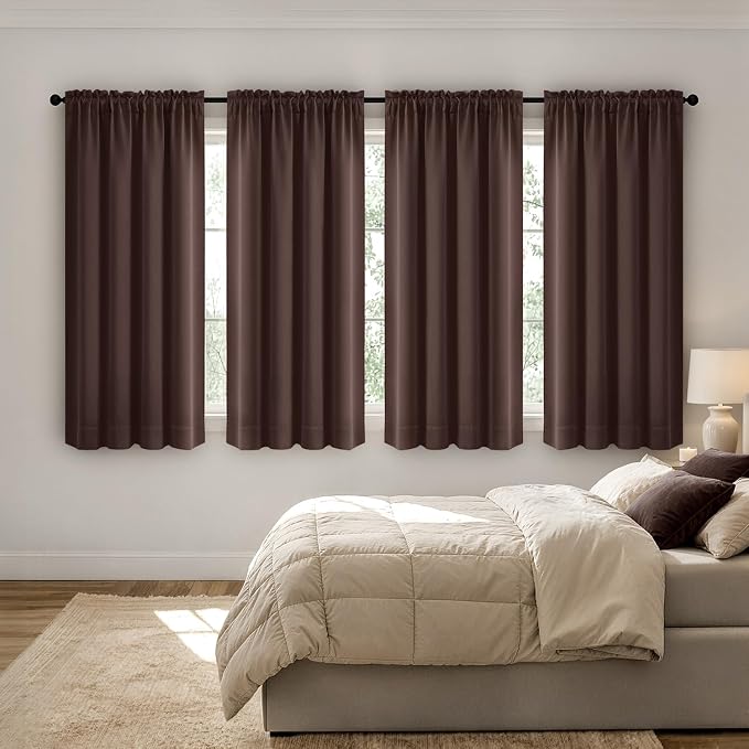 MIULEE 4 Panel Set Short Bedroom Blackout Curtains 54 Inch Long Dark Brown | Thermal Curtains for Summer Heat, Light Blocking Privacy Window Drapes, Top&Bottom Rod Pocket