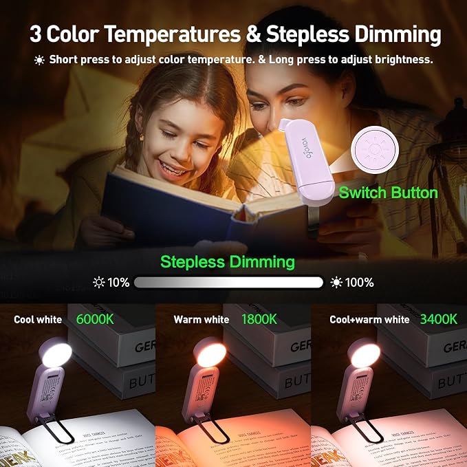 VAVOFO USB Rechargeable Book Light, Bookmark Clip on LED Reading Light | 3 Colors 9 Lighting modes clip on book light, Eye Care Glow for Bed Reading, Christmas Gift for Bookworms, Book Accesories