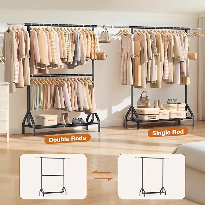 EAGMAK Double Rod Clothing Rack Load 622 LBS, Heavy Duty Clothes Rack for Hanging Clothes, 82.68 inch High Garment Rack with Sotrage Shelves, Metal Clothing Hanger Closet Wardrobe Organizer (Black)