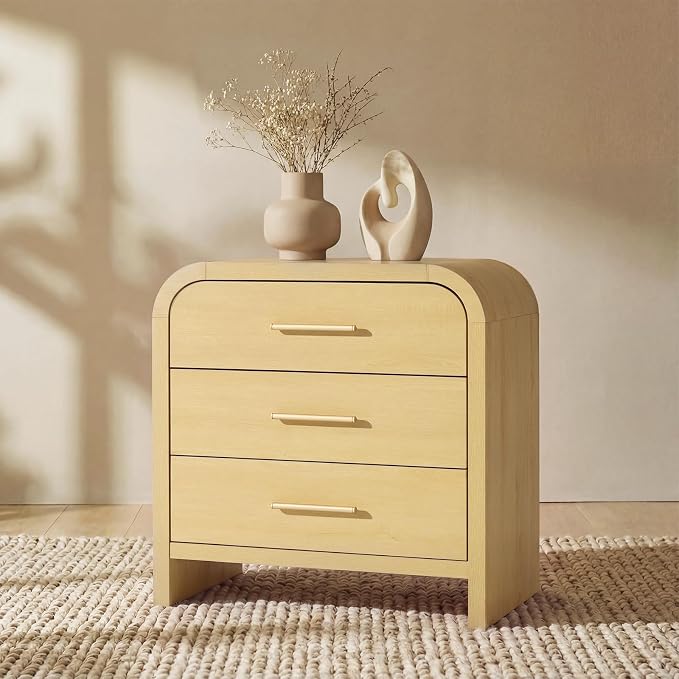 Night Stand [Unique Curved Profile] [FSC-Certified Wooden Board] 3-Drawer Nightstand 26.7" H Metal Handle Modern Sturdy Bedside Table Side Table End Table | [Curved Profile] [FSC-Certified Wooden Board] Nightstand 26.7"H Metal Handle Modern Bedside Tab...