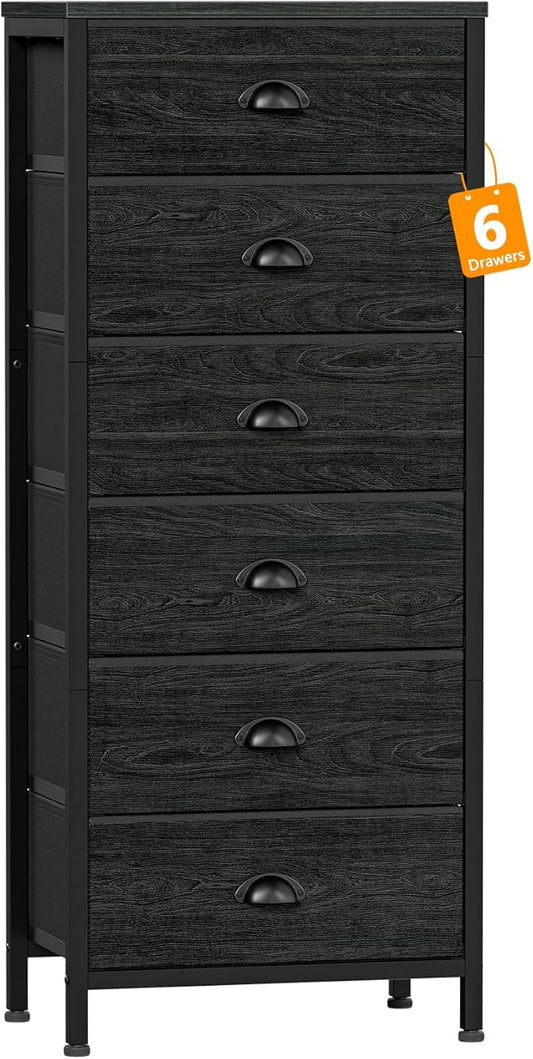 Furnulem Black Dresser for Bedroom, Tall Fabric Chest of Drawers | Bedroom Dresser with 6 Fabric Bins, Vertical Storage Drawer for Dorm, Organizer in Closet, Living Room, Wood Top, Metal Frame
