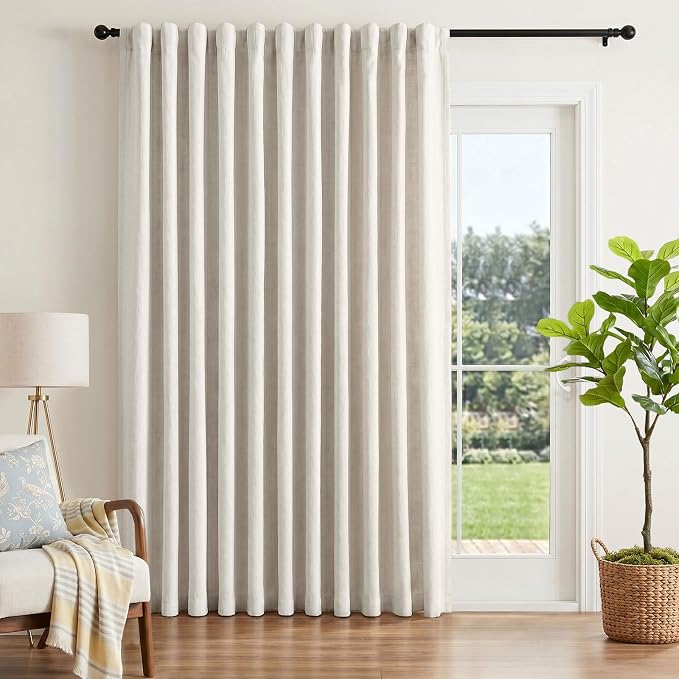 INOVADAY Extra Wide 100% Blackout Linen Curtains for Bedroom 102x108 Cream | Linen Textured, Light Blocking, Room Darkening, Thermal Insulated, Back Tab Top, Window Curtains for Sliding Door, 1 Panel