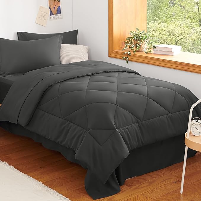 Twin Comforter Set with Sheets Dark Grey - 5 Pieces Bed in a Bag | OEKO-TEX Certified, All Season, Teen, Single, Dorm, 240GSM Down-Alternative Comforter, Sheets, Pillowcase & Sham, Easy Care