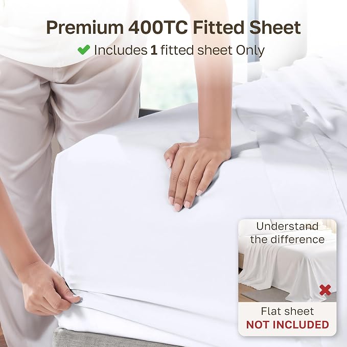 California Design Den Soft 100% Cotton Sateen Fitted Sheet Queen, White | 400 Thread Count Backed by Good Housekeeping Seal, 16" Deep Pocket, All-Around Elastic, No-Pop Fit, Durable, OEKO-TEX