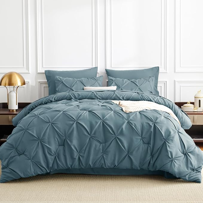 Twin XL Comforter Set Mineral Blue, 5 Pieces Pintuck Bed in a Bag | College Dorm Essentials, OEKO-TEX 100 Certified, 240GSM All Season, Down-Alternative Comforter, Sheets, Pillowcase & Sham