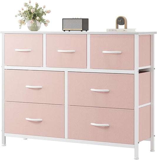 Sweetcrispy 7 Drawer Dresser for Bedroom Storage with Fabric Bins, Pink | Anti-Tip Closet Organizer, Wooden Top and Sturdy Steel Frame, Spacious Drawers for Girls Clothes Storage, Hallway Entryway