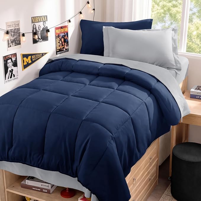 JOLLYVOGUE Twin XL Comforter Set, Ultra-Soft Bed in a Bag Twin XL Size 5 Pieces, Oeko-TEX Certified Bedding Set with Down Alternative Comforter, Sheets, Pillowcases & Shams, Navy Blue & Light Grey