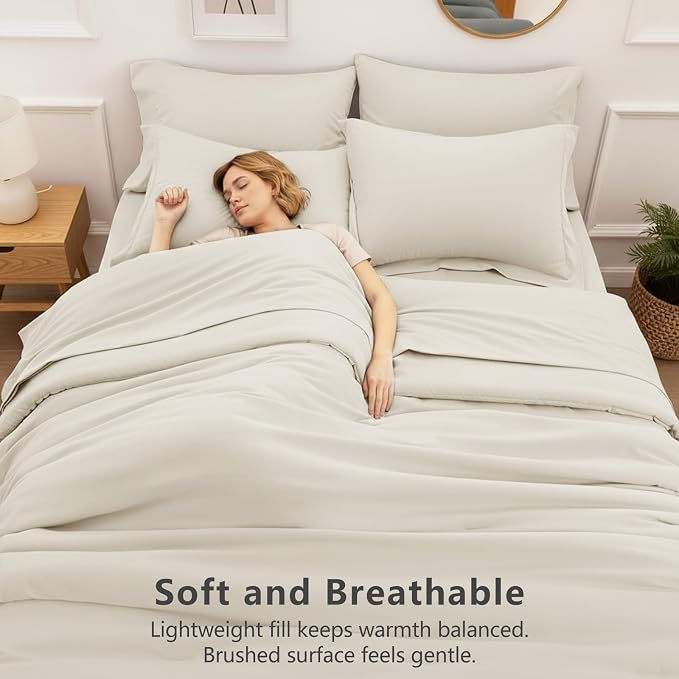 HIMEET King Comforter Set, 7-Piece Point-Quilted Bed in a Bag, Beige | OEKO-TEX Certified, Lightweight 240 GSM Comforter, Flat Sheet, 14-Inch Deep-Pocket Fitted Sheet, Pillowcases & Shams