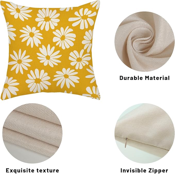Mustard Yellow Pillow Covers 20x20 Inch 2 Pcs Daisy Floral Summer Outdoor Decor Throw Pillows Spring Flower Farmhouse Holiday Decoration Pillowcase Linen Cushion Cover for Couch Sofa Bed