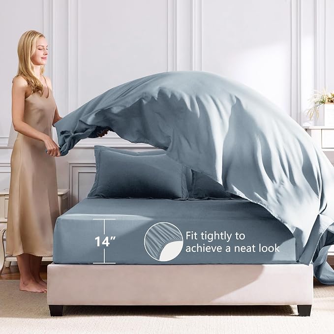 Oversized King Comforter Set Dusty Blue - 7 Pieces Bed in a Bag | OEKO-TEX Certified, All Season, 240GSM Down-Alternative Comforter, Sheets, Pillowcases & Shams, 14" Deep Pocket, Easy Care