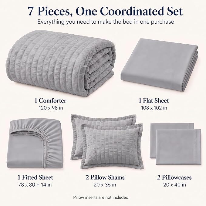 Oversized King Comforter Set, 7-Piece Grey Seersucker, 120 x 98 in | OEKO-TEX Certified All Season Bed in a Bag with 240 GSM Down Alternative Comforter, Flat & Fitted Sheets, Pillowcases & Shams