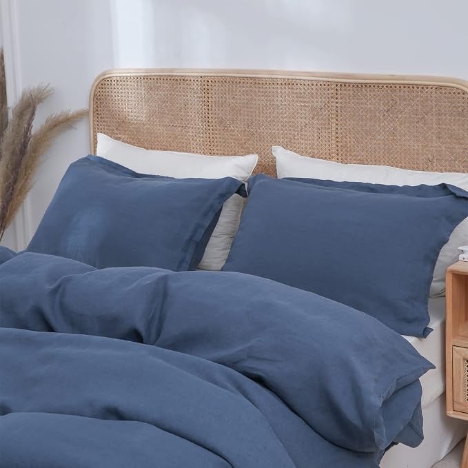 Simple&Opulence 100% Linen Duvet Cover Set 3pcs Basic Style Natural French Washed Flax Solid Color Soft Breathable Farmhouse Bedding with Button Closure - Classic Blue, Queen