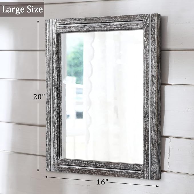AAZZKANG Rustic Mirror Wood Framed Wall Mirrors Large 20"x16" Rectangle | Decorative for Bedroom Bathroom Farmhouse Living Room Home Entryway
