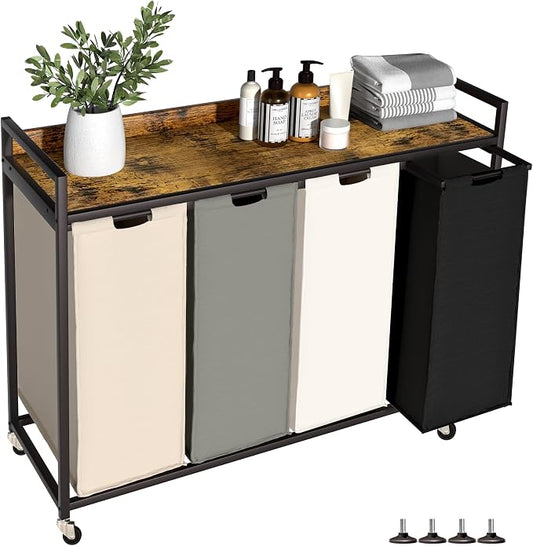 Herture Laundry Hamper with Shelf, Laundry Basket 4 Section, Laundry Sorter with Pull-Out Removable Large 4 Color Bags and Movable Wheels, Metal Frame, 4 x 15.87 Gallons (60L), Rustic Brown PF07XLN
