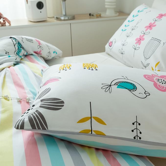 mixinni Girls Flower Leaves Pattern on White Duvet Cover Twin Size Colorful Striped Bedding Comforter Cover Set with Zipper Closure 4 Corner Ties for Teenage Girls (1 Duvet Cover + 2 Pillowcases)
