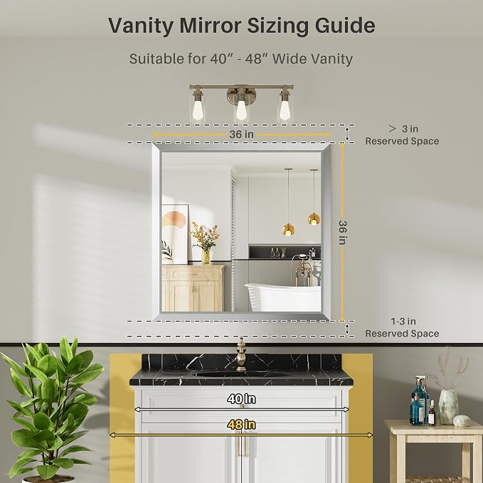 Bathroom Wall Mirror, Silver Brushed Nickel Metal Frame, 36x36 Inch | Anti-rust, HD tempered glass, for bathroom vanity, bedroom, living room, horizontal or vertical mount