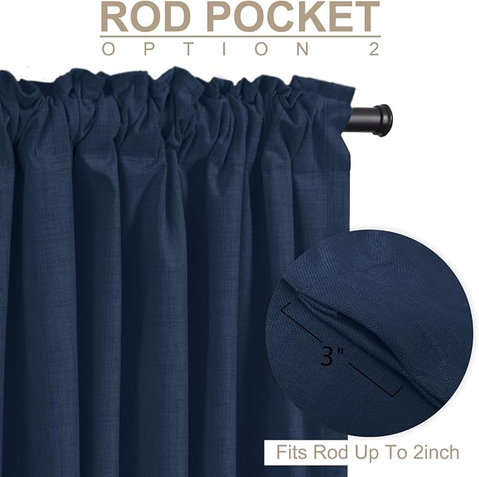 Faux Linen Total Blackout Curtains for Bedroom 96 Inch Long Midnight Blue | 100% Blackout Shield, Back Tab/Rod Pocket Living Room Drapes, Thermal Insulated Blackout Curtains 2 Panels Set, 50"W x 96"L