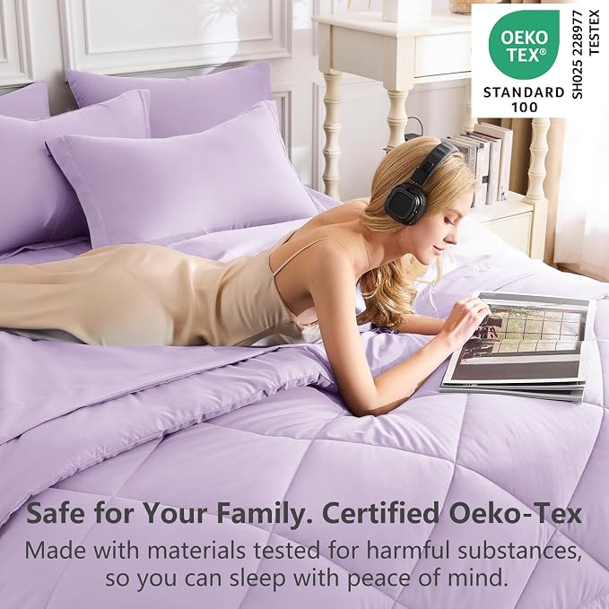 King Size Comforter Set Lavender - 7 Pieces Complete Bedding Set | OEKO-TEX Certified, All Season, 240GSM Down-Alternative Comforter, Sheets, Pillowcases & Shams, 14" Deep Pocket, Easy Care