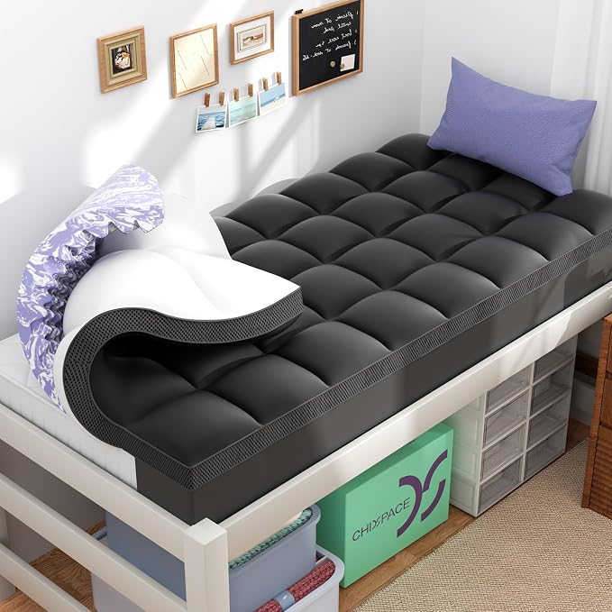 Dorm Room Essentials Dual Layer 5 Inch Memory Foam Mattress Topper Twin XL | 3 Inch Pillow Top Mattress Pad Cover and 2 Inch Gel Memory Foam for Back to School, 7-Zone Egg Crate & 2-in-1 Design (Black)